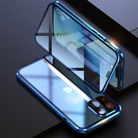 Apple iPhone 14 Plus用ケース 高級感 手触り良い アルミメタル 製の金属製 360度 フルカバーバンパー 鏡面 カバー M08 アップル ネイビー