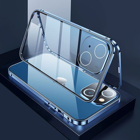 Apple iPhone 14 Plus用ケース 高級感 手触り良い アルミメタル 製の金属製 360度 フルカバーバンパー 鏡面 カバー M01 アップル ネイビー