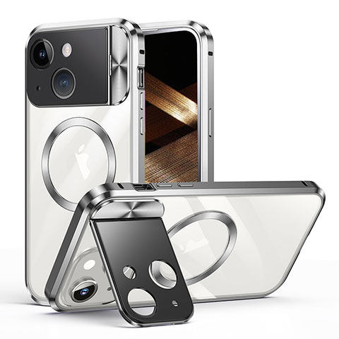 Apple iPhone 14 Plus用ケース 高級感 手触り良い メタル兼プラスチック バンパー Mag-Safe 磁気 Magnetic LK4 アップル シルバー