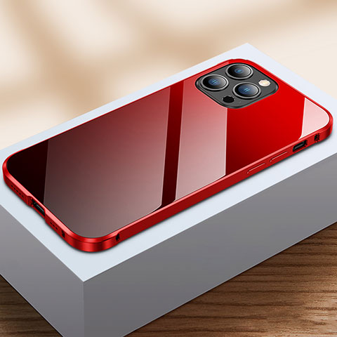 Apple iPhone 14 Pro用ケース 高級感 手触り良い アルミメタル 製の金属製 360度 フルカバーバンパー 鏡面 カバー M07 アップル レッド・ブラック