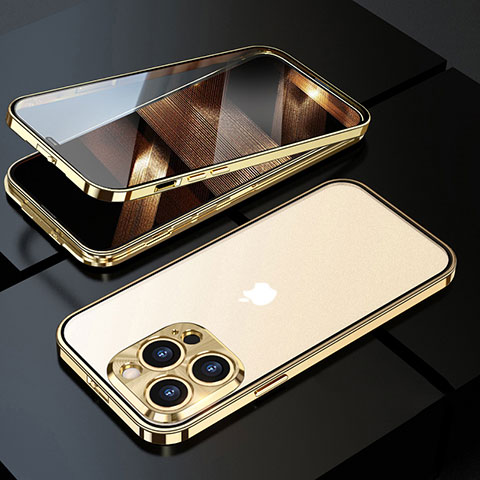 Apple iPhone 14 Pro用ケース 高級感 手触り良い アルミメタル 製の金属製 360度 フルカバーバンパー 鏡面 カバー M01 アップル ゴールド