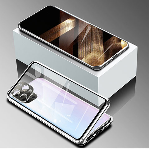 Apple iPhone 14 Pro用ケース 高級感 手触り良い アルミメタル 製の金属製 360度 フルカバーバンパー 鏡面 カバー アップル シルバー