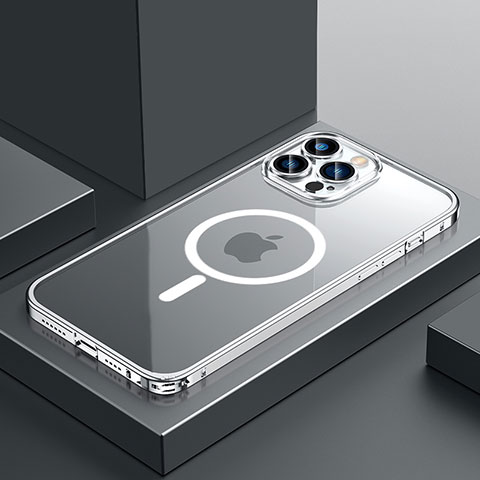 Apple iPhone 14 Pro用ケース 高級感 手触り良い メタル兼プラスチック バンパー Mag-Safe 磁気 Magnetic QC3 アップル シルバー