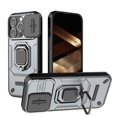 Apple iPhone 14 Pro用ハイブリットバンパーケース プラスチック アンド指輪 マグネット式 KC3 アップル グレー