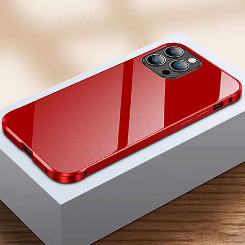 Apple iPhone 14 Pro Max用ケース 高級感 手触り良い アルミメタル 製の金属製 360度 フルカバーバンパー 鏡面 カバー M07 アップル レッド