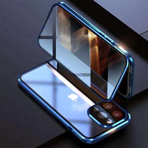 Apple iPhone 14 Pro Max用ケース 高級感 手触り良い アルミメタル 製の金属製 360度 フルカバーバンパー 鏡面 カバー M08 アップル ネイビー