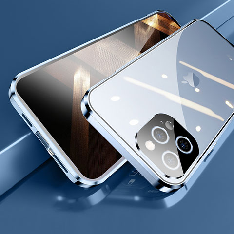Apple iPhone 14 Pro Max用ケース 高級感 手触り良い アルミメタル 製の金属製 360度 フルカバーバンパー 鏡面 カバー M05 アップル ネイビー
