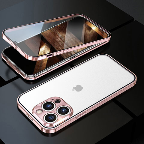 Apple iPhone 14 Pro Max用ケース 高級感 手触り良い アルミメタル 製の金属製 360度 フルカバーバンパー 鏡面 カバー M01 アップル ローズゴールド