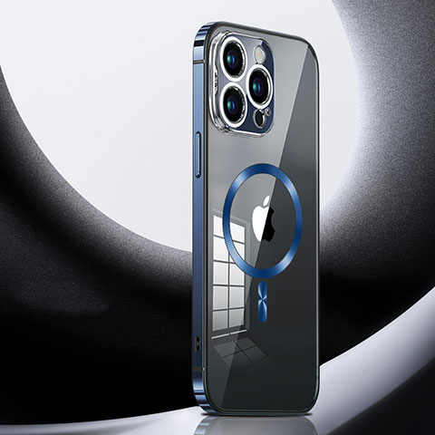 Apple iPhone 14 Pro Max用ケース 高級感 手触り良い メタル兼プラスチック バンパー Mag-Safe 磁気 Magnetic LK3 アップル ネイビー