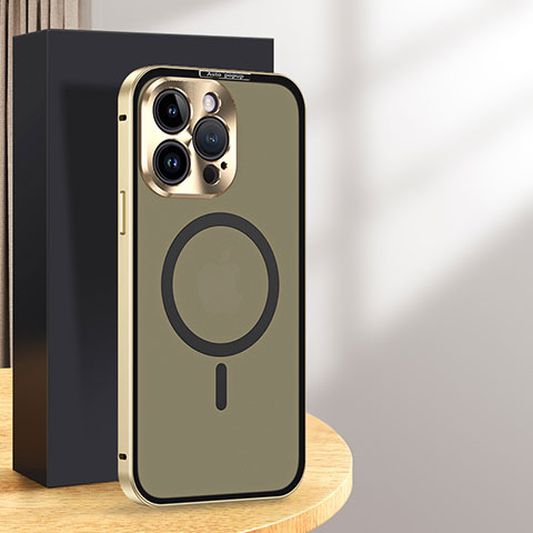 Apple iPhone 14 Pro Max用ケース 高級感 手触り良い メタル兼プラスチック バンパー Mag-Safe 磁気 Magnetic LK5 アップル ゴールド