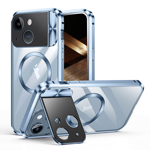 Apple iPhone 15用ケース 高級感 手触り良い メタル兼プラスチック バンパー Mag-Safe 磁気 Magnetic LK4 アップル ネイビー