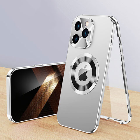Apple iPhone 15 Pro用360度 フルカバー ケース 高級感 手触り良い アルミメタル 製の金属製 Mag-Safe 磁気 Magnetic P01 アップル シルバー