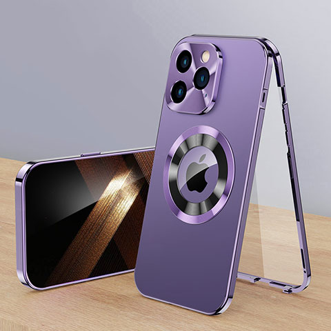 Apple iPhone 15 Pro用360度 フルカバー ケース 高級感 手触り良い アルミメタル 製の金属製 Mag-Safe 磁気 Magnetic P01 アップル パープル