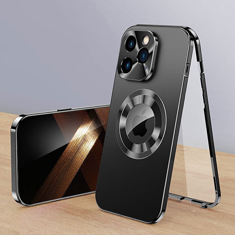 Apple iPhone 15 Pro用360度 フルカバー ケース 高級感 手触り良い アルミメタル 製の金属製 Mag-Safe 磁気 Magnetic P01 アップル ブラック