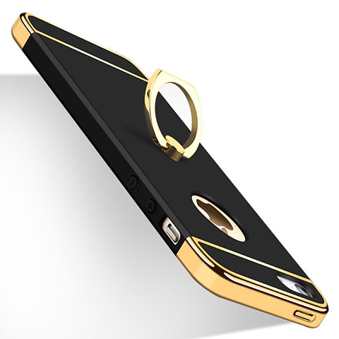 Apple iPhone 5S用ケース 高級感 手触り良い メタル兼プラスチック バンパー アンド指輪 アップル ブラック