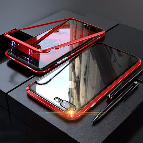 Apple iPhone 8 Plus用ケース 高級感 手触り良い アルミメタル 製の金属製 360度 フルカバーバンパー 鏡面 カバー M01 アップル レッド