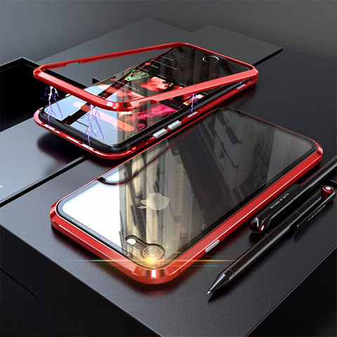 Apple iPhone SE3 (2022)用ケース 高級感 手触り良い アルミメタル 製の金属製 360度 フルカバーバンパー 鏡面 カバー M01 アップル レッド