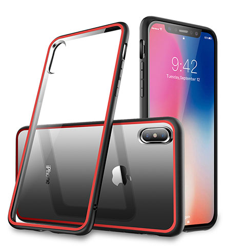 Apple iPhone X用360度 フルカバーハイブリットバンパーケース クリア透明 プラスチック 鏡面 アップル レッド・ブラック