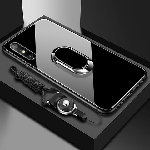 Huawei Enjoy 10e用ハイブリットバンパーケース プラスチック 鏡面 カバー アンド指輪 ファーウェイ ブラック