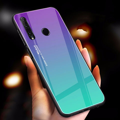 Huawei Enjoy 9s用ハイブリットバンパーケース プラスチック 鏡面 虹 グラデーション 勾配色 カバー ファーウェイ シアン
