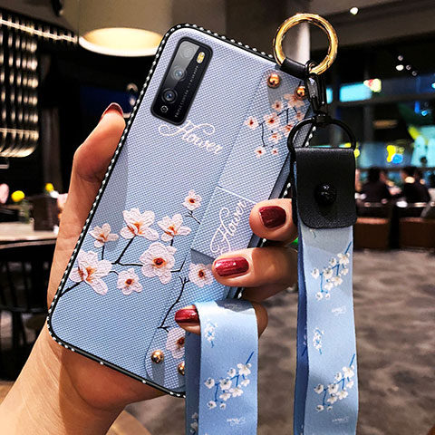 Huawei Enjoy Z 5G用シリコンケース ソフトタッチラバー 花 カバー ファーウェイ ブルー