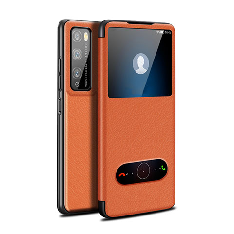 Huawei Enjoy Z 5G用手帳型 レザーケース スタンド カバー ファーウェイ オレンジ