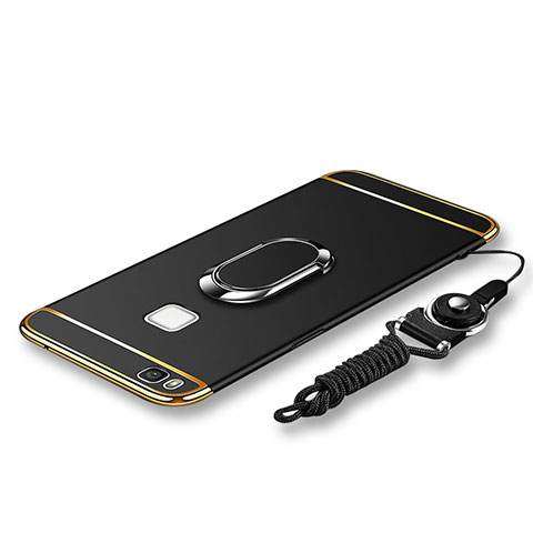 Huawei G9 Lite用ケース 高級感 手触り良い メタル兼プラスチック バンパー アンド指輪 亦 ひも ファーウェイ ブラック