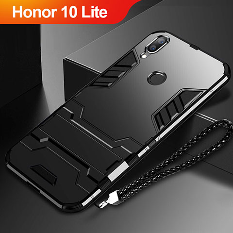 Huawei Honor 10 Lite用ハイブリットバンパーケース スタンド プラスチック 兼シリコーン カバー ファーウェイ ブラック