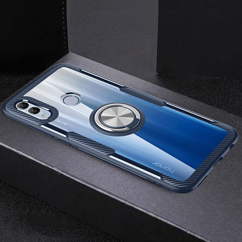 Huawei Honor 10 Lite用360度 フルカバーハイブリットバンパーケース クリア透明 プラスチック 鏡面 アンド指輪 マグネット式 ファーウェイ ブルー