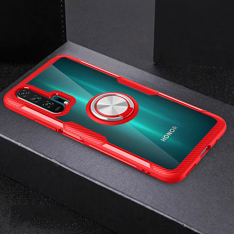Huawei Honor 20 Pro用極薄ソフトケース シリコンケース 耐衝撃 全面保護 クリア透明 アンド指輪 マグネット式 C01 ファーウェイ レッド