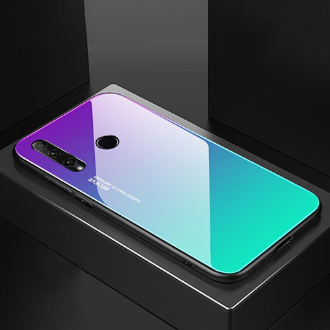 Huawei Honor 20i用ハイブリットバンパーケース プラスチック 鏡面 虹 グラデーション 勾配色 カバー H01 ファーウェイ シアン