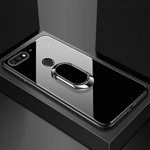 Huawei Honor 7A用ハイブリットバンパーケース プラスチック 鏡面 カバー アンド指輪 マグネット式 ファーウェイ ブラック