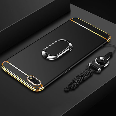 Huawei Honor 7S用ケース 高級感 手触り良い メタル兼プラスチック バンパー アンド指輪 亦 ひも ファーウェイ ブラック