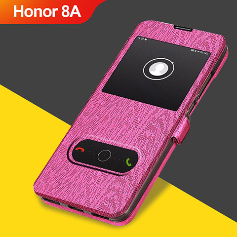 Huawei Honor 8A用手帳型 レザーケース スタンド ファーウェイ ローズレッド