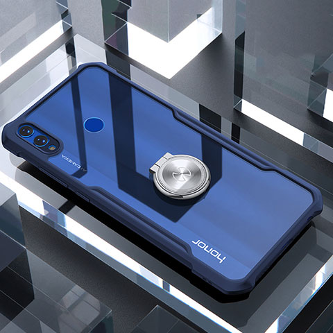 Huawei Honor 8X用360度 フルカバーハイブリットバンパーケース クリア透明 プラスチック 鏡面 アンド指輪 マグネット式 ファーウェイ ネイビー