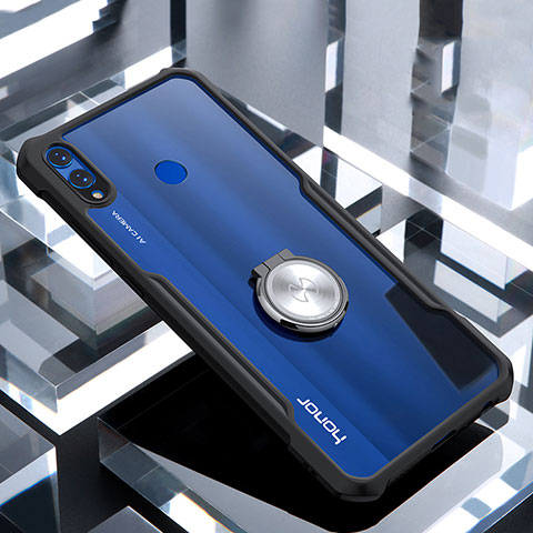 Huawei Honor 8X用360度 フルカバーハイブリットバンパーケース クリア透明 プラスチック 鏡面 アンド指輪 マグネット式 ファーウェイ ブラック