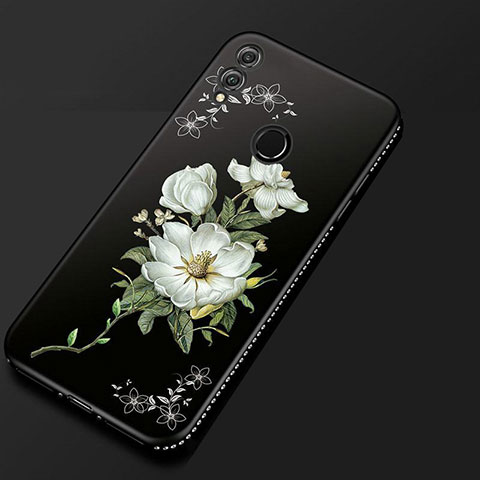 Huawei Honor 8X用シリコンケース ソフトタッチラバー 花 カバー ファーウェイ ブラック