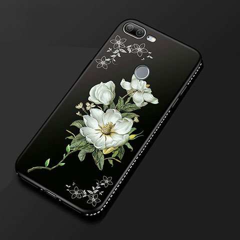 Huawei Honor 9 Lite用シリコンケース ソフトタッチラバー 花 カバー ファーウェイ ブラック