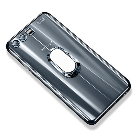 Huawei Honor 9 Premium用極薄ソフトケース シリコンケース 耐衝撃 全面保護 クリア透明 アンド指輪 S01 ファーウェイ グレー