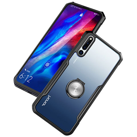 Huawei Honor Magic 2用360度 フルカバーハイブリットバンパーケース クリア透明 プラスチック 鏡面 アンド指輪 マグネット式 ファーウェイ ブラック