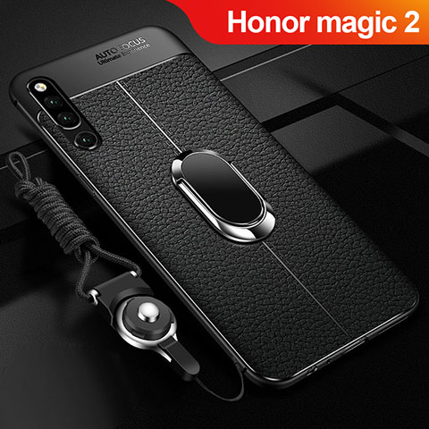 Huawei Honor Magic 2用シリコンケース ソフトタッチラバー レザー柄 アンド指輪 マグネット式 A01 ファーウェイ ブラック
