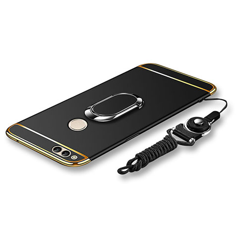 Huawei Honor Play 7X用ケース 高級感 手触り良い メタル兼プラスチック バンパー アンド指輪 亦 ひも ファーウェイ ブラック