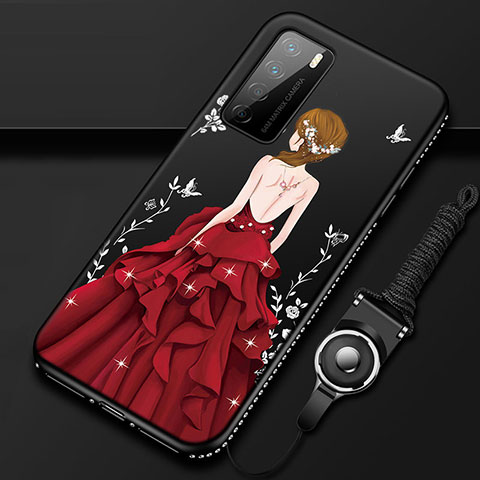 Huawei Honor Play4 5G用シリコンケース ソフトタッチラバー バタフライ ドレスガール ドレス少女 カバー ファーウェイ レッド・ブラック