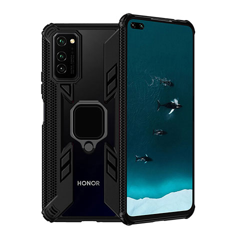 Huawei Honor V30 Pro 5G用ハイブリットバンパーケース プラスチック アンド指輪 マグネット式 R02 ファーウェイ ブラック