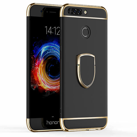 Huawei Honor V9用ケース 高級感 手触り良い メタル兼プラスチック バンパー アンド指輪 ファーウェイ ブラック