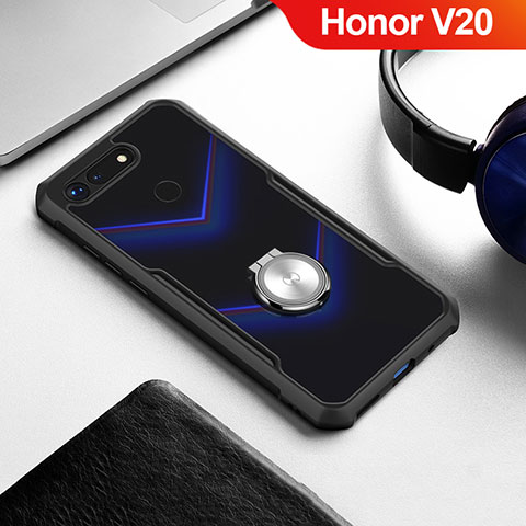 Huawei Honor View 20用360度 フルカバーハイブリットバンパーケース クリア透明 プラスチック 鏡面 アンド指輪 マグネット式 ファーウェイ ブラック