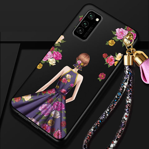 Huawei Honor View 30 5G用シリコンケース ソフトタッチラバー バタフライ ドレスガール ドレス少女 カバー ファーウェイ パープル・ブラック