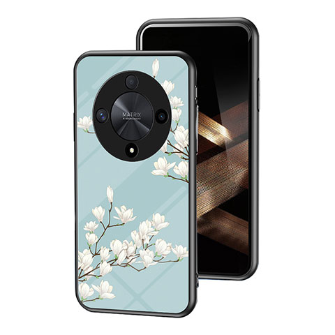 Huawei Honor X9b 5G用ハイブリットバンパーケース プラスチック 鏡面 花 カバー ファーウェイ シアン
