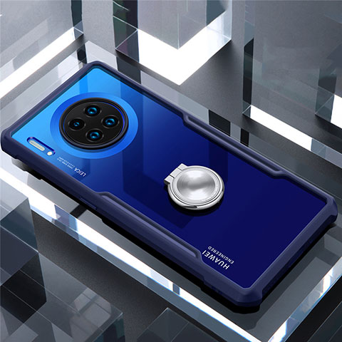 Huawei Mate 30 5G用360度 フルカバーハイブリットバンパーケース クリア透明 プラスチック 鏡面 アンド指輪 マグネット式 ファーウェイ ネイビー