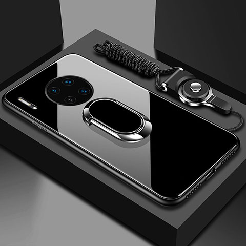 Huawei Mate 30 5G用ハイブリットバンパーケース プラスチック 鏡面 カバー アンド指輪 マグネット式 T01 ファーウェイ ブラック